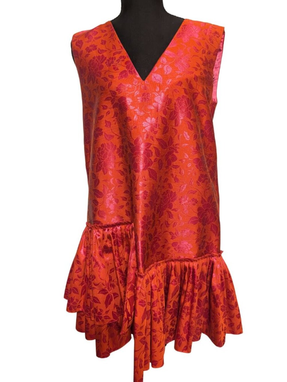 Exquise Floral Brocade V-Neck Ruffle Mini Dress